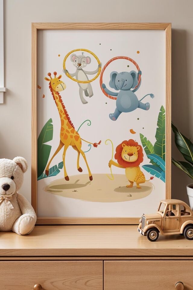 DOĞAL AHŞAP - Hulahopla Oynayan Sevimli Hayvanlar Çocuk Odası Ahşap Çerçeveli Duvar Tablosu