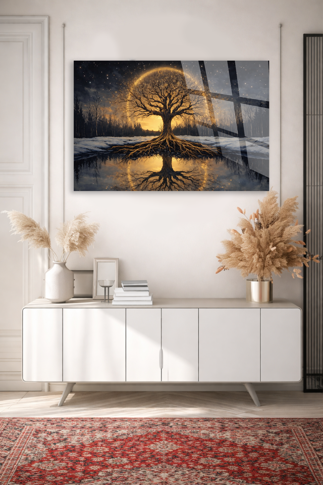 GERÇEK KIRILMAZ CAM TABLO IŞIKLI HAYAT AĞACI MANZARA SANATSAL DUVAR DEKORU EV OFİS HEDİYESİ