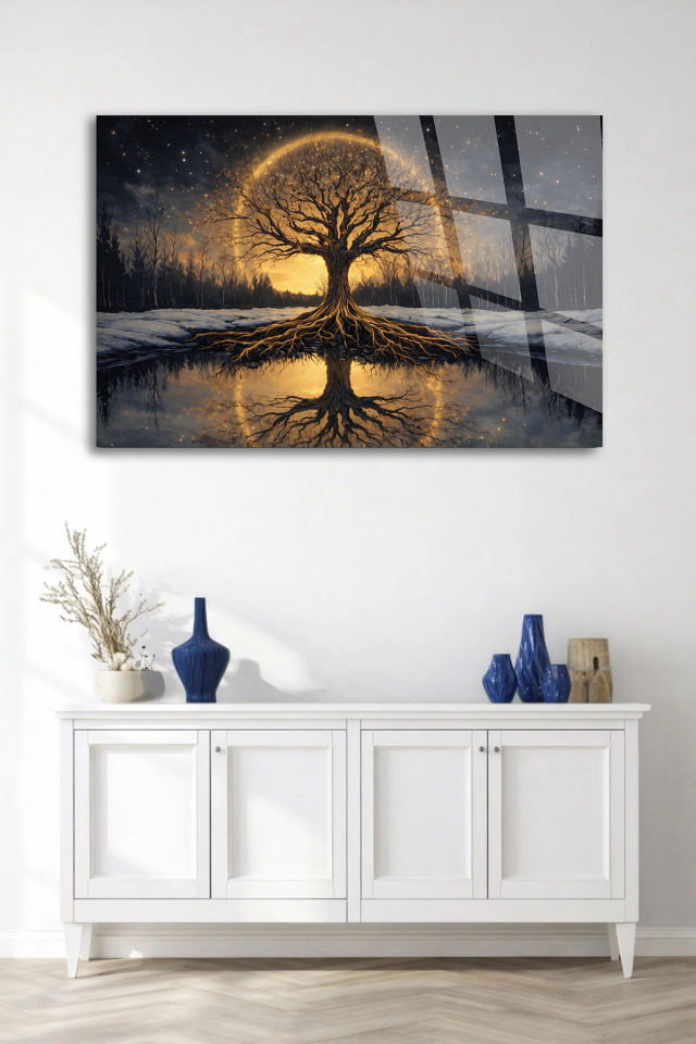 GERÇEK KIRILMAZ CAM TABLO IŞIKLI HAYAT AĞACI MANZARA SANATSAL DUVAR DEKORU EV OFİS HEDİYESİ
