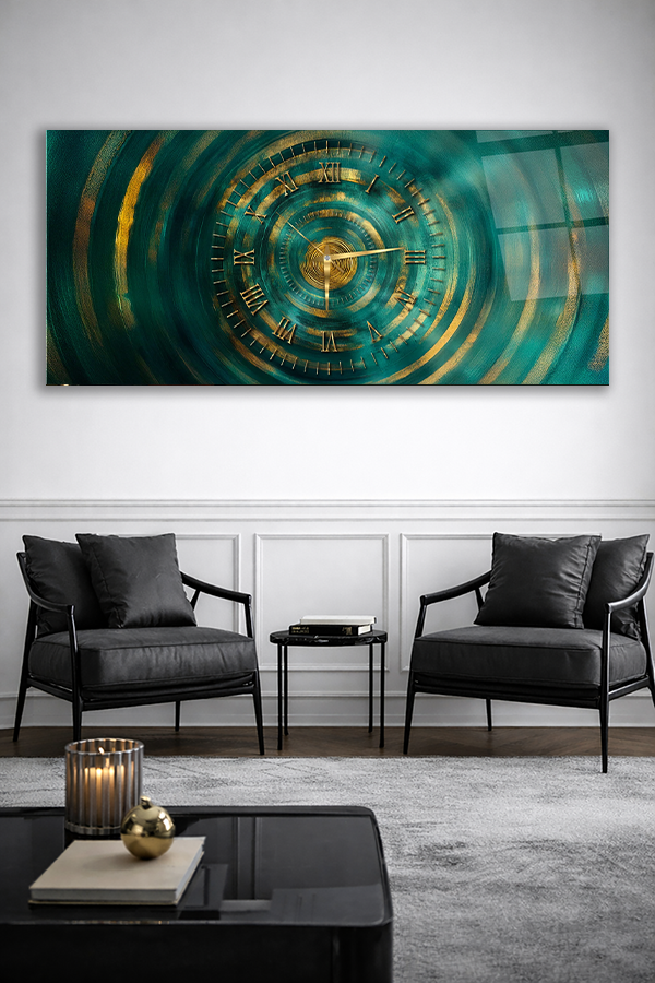 KIRILMAZ CAM DUVAR SAATİ , HEM TABLO HEM SAAT SOYUT ZAMAN SARMALI TASARIM EV OFİS HEDİYESİ