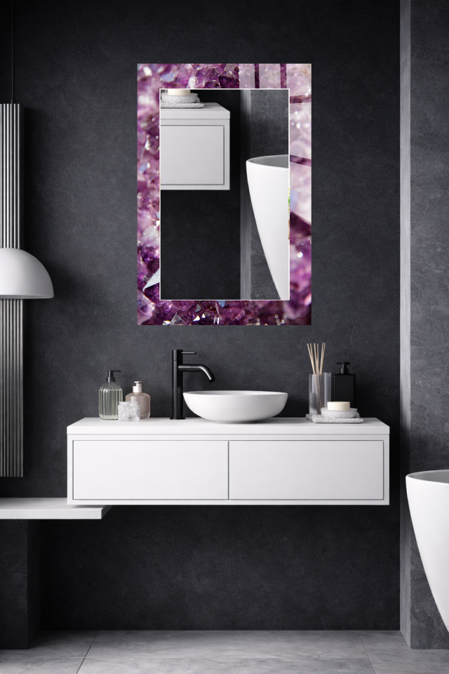 HEM TABLO HEM AYNA MOR AMETİST KRİSTAL DOKU CAM DUVAR AYNASI EV DEKORU