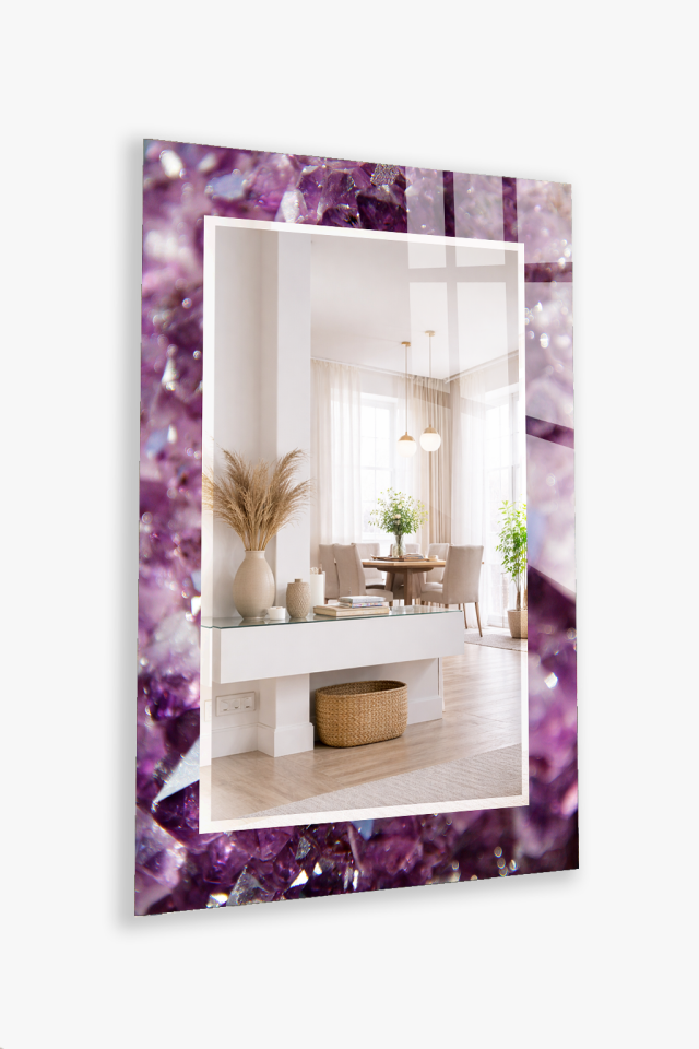HEM TABLO HEM AYNA MOR AMETİST KRİSTAL DOKU CAM DUVAR AYNASI EV DEKORU