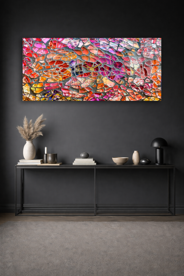 KIRILMAZ CAM DUVAR SAATİ , HEM TABLO HEM SAAT RENKLİ MOZAİK CAM DESEN SANATSAL EV OFİS HEDİYESİ