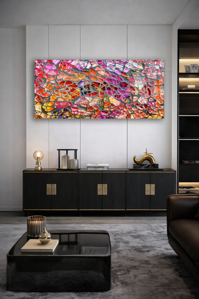 KIRILMAZ CAM DUVAR SAATİ , HEM TABLO HEM SAAT RENKLİ MOZAİK CAM DESEN SANATSAL EV OFİS HEDİYESİ