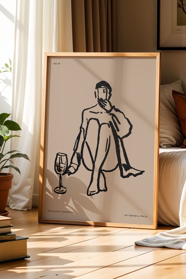 DOĞAL AHŞAP - Minimalist Figüratif Doğal Ahşap Çerçeveli Duvar Bohem Tablosu