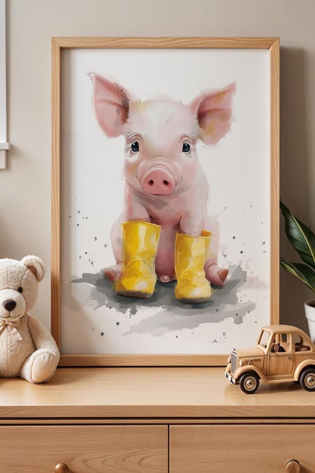 DOĞAL AHŞAP - Sarılı Çizmeli Tatlı Domuzcuk Çocuk Odası Ahşap Çerçeveli Duvar Tablosu