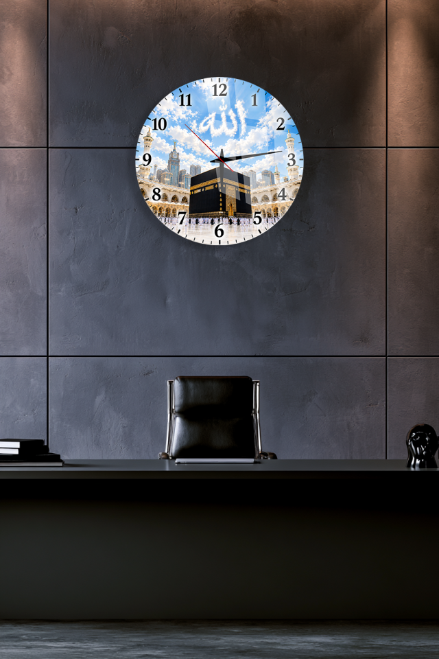 KABE VE ALLAH LAFZI YUVARLAK CAM TABLO SAAT EV OFİS HEDİYESİ