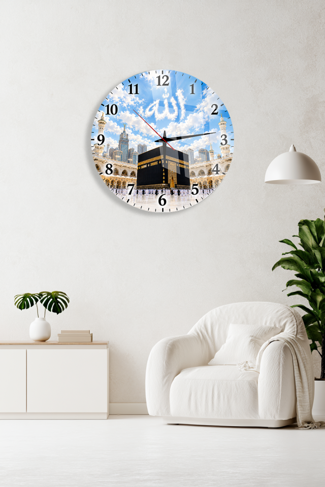 KABE VE ALLAH LAFZI YUVARLAK CAM TABLO SAAT EV OFİS HEDİYESİ