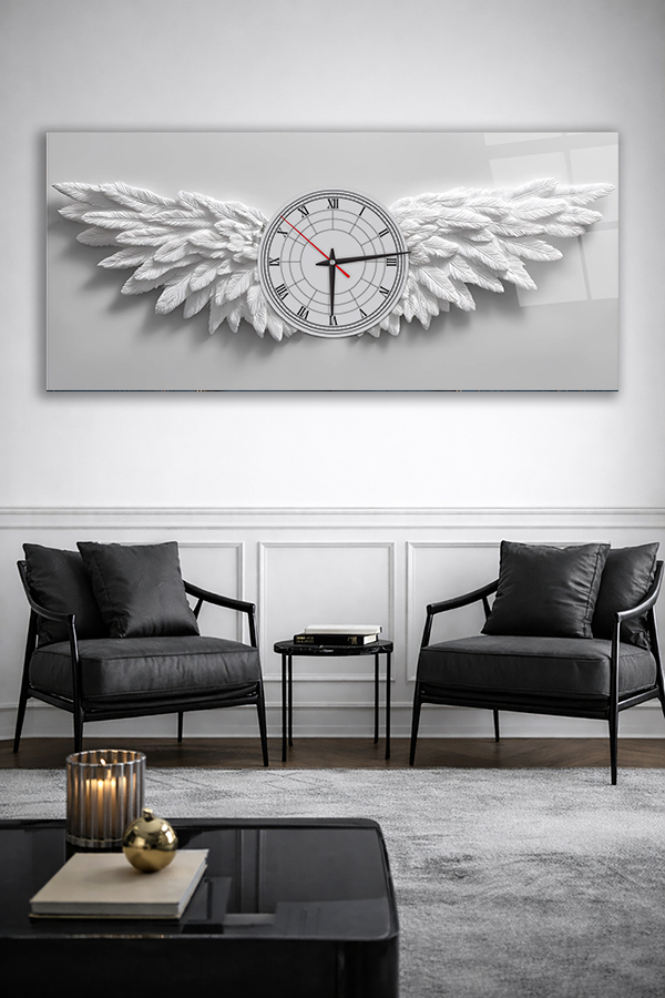 KIRILMAZ CAM DUVAR SAATİ , HEM TABLO HEM SAAT BEYAZ MELEK KANATLI SAAT MINIMAL ŞIK EV OFİS HEDİYESİ