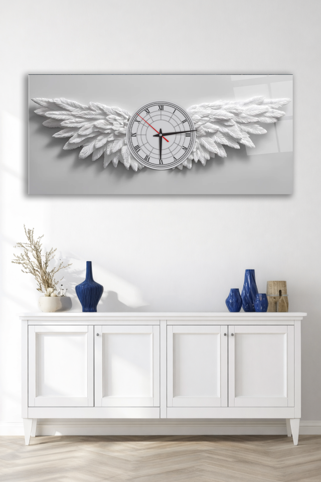 KIRILMAZ CAM DUVAR SAATİ , HEM TABLO HEM SAAT BEYAZ MELEK KANATLI SAAT MINIMAL ŞIK EV OFİS HEDİYESİ