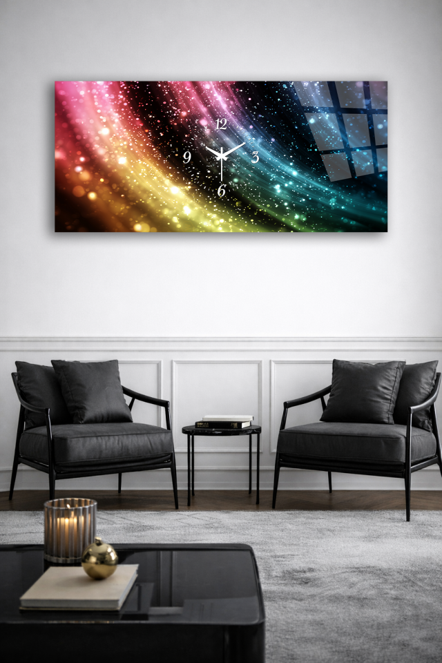 KIRILMAZ CAM DUVAR SAATİ , HEM TABLO HEM SAAT RENKLİ IŞIKLI SOYUT GALAKSİ EV OFİS HEDİYESİ