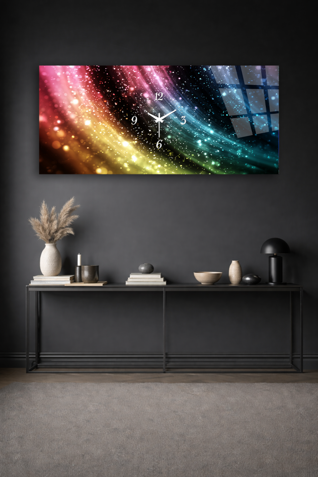KIRILMAZ CAM DUVAR SAATİ , HEM TABLO HEM SAAT RENKLİ IŞIKLI SOYUT GALAKSİ EV OFİS HEDİYESİ