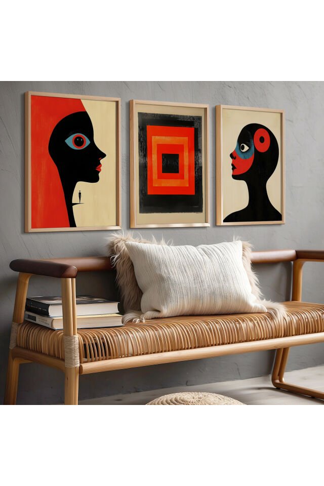 DOĞAL AHŞAP - Abstract Yüzler ve Geometrik Sanat Üçlü Doğal Ahşap Çerçeveli Duvar Tablo Seti