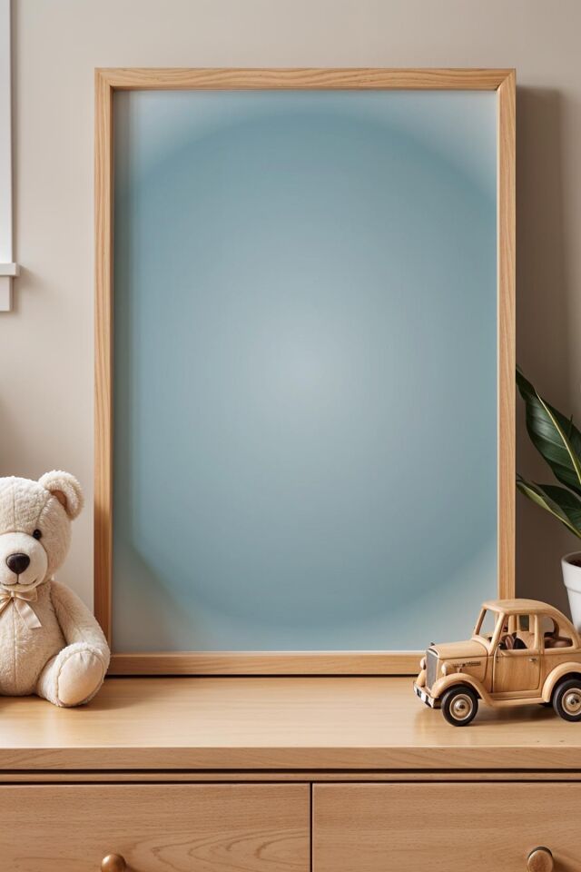 DOĞAL AHŞAP - Mavi Arka Fonlu Çocuk Odası Ahşap Çerçeveli Duvar Tablosu