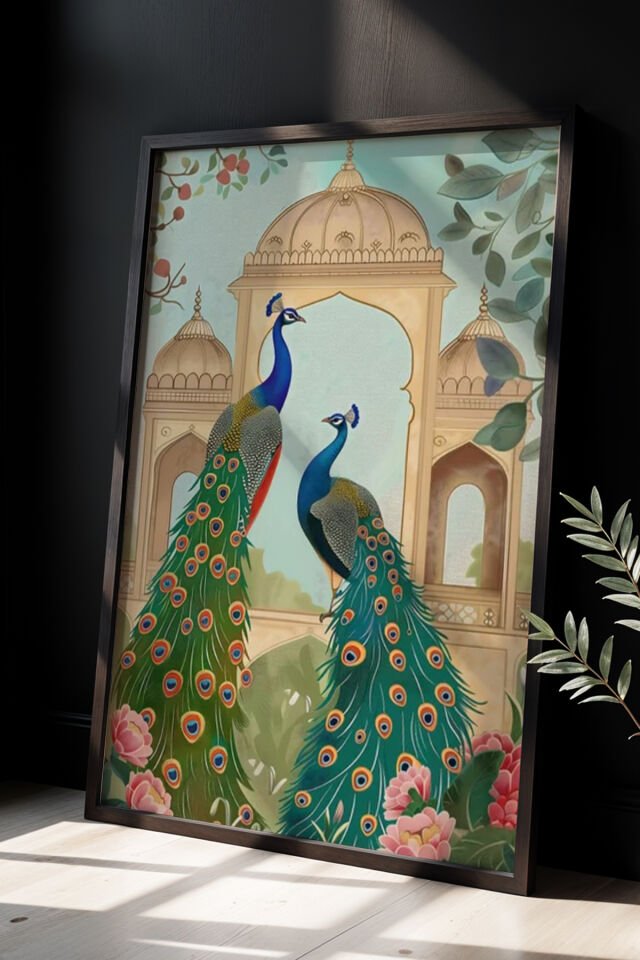 SİYAH - Doğal ahşap çerçeveli Renkli Tavus Kuşu Sanat Eseri duvar tablosu