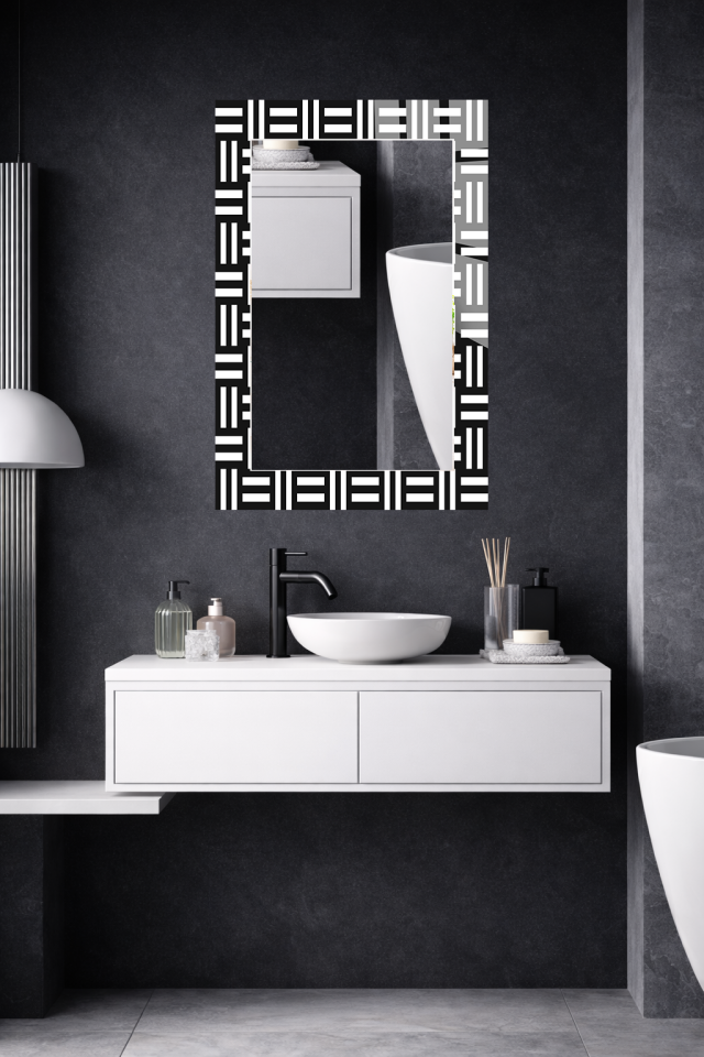HEM TABLO HEM AYNA SİYAH BEYAZ MODERN GEOMETRİK CAM DUVAR AYNASI EV DEKORU