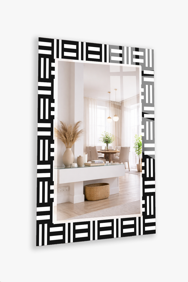 HEM TABLO HEM AYNA SİYAH BEYAZ MODERN GEOMETRİK CAM DUVAR AYNASI EV DEKORU