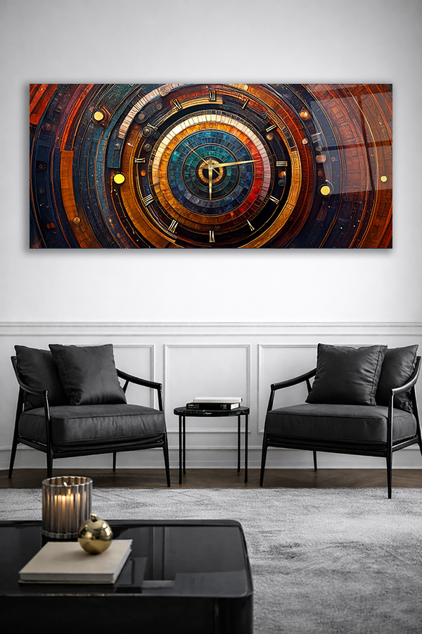 KIRILMAZ CAM DUVAR SAATİ , HEM TABLO HEM SAAT SOYUT ÇEMBER DESEN LÜKS DEKOR EV OFİS HEDİYESİ