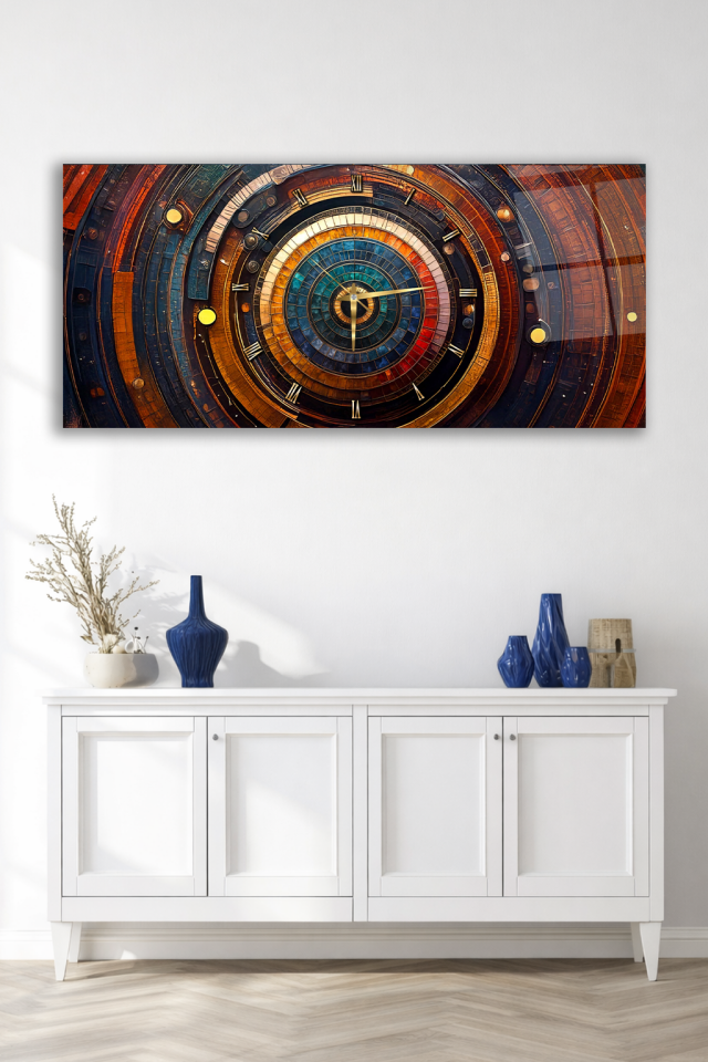 KIRILMAZ CAM DUVAR SAATİ , HEM TABLO HEM SAAT SOYUT ÇEMBER DESEN LÜKS DEKOR EV OFİS HEDİYESİ