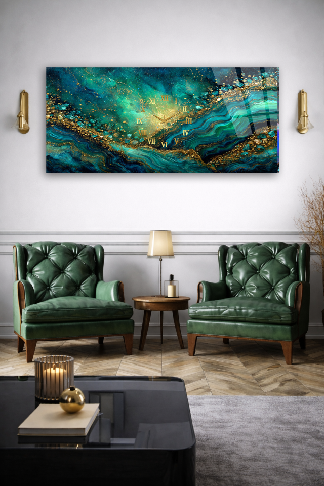 KIRILMAZ CAM DUVAR SAATİ , HEM TABLO HEM SAAT TURKUAZ ALTIN MERMER LÜKS EV OFİS HEDİYESİ