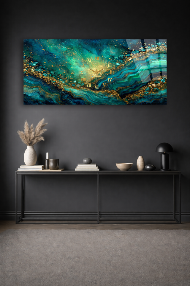 KIRILMAZ CAM DUVAR SAATİ , HEM TABLO HEM SAAT TURKUAZ ALTIN MERMER LÜKS EV OFİS HEDİYESİ