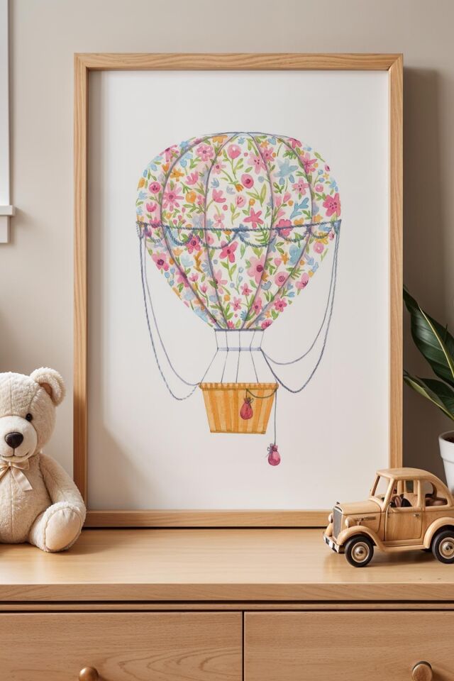 DOĞAL AHŞAP - Renkli Uçan Balon Çocuk Odası Ahşap Çerçeveli Duvar Tablosu