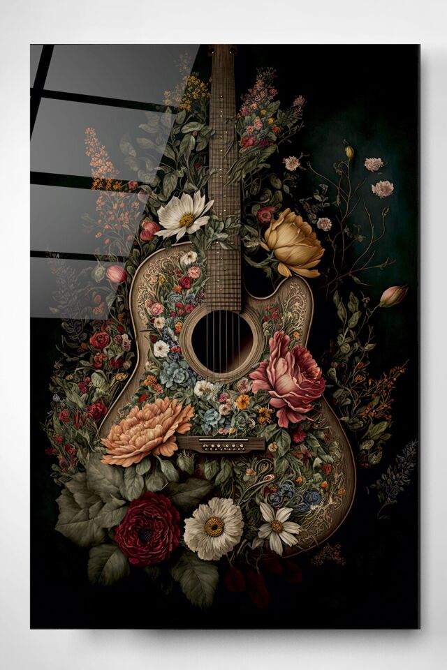 Çiçekli Gitar Cam Tablo, Dekoratif Cam Tablo