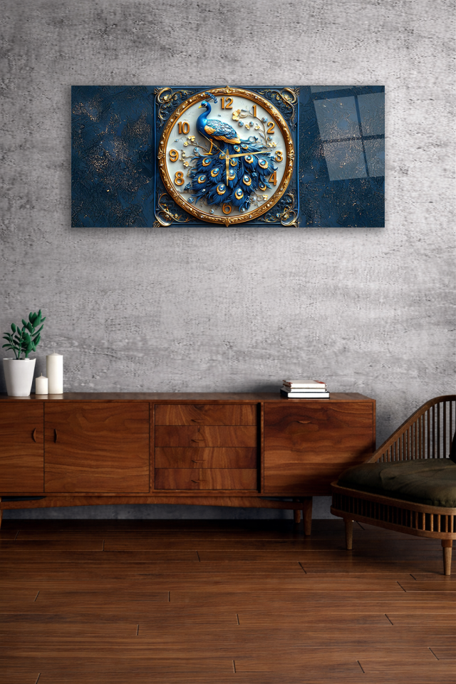 KIRILMAZ CAM DUVAR SAATİ , HEM TABLO HEM SAAT MAVİ ALTIN TAVUS KUŞU TASARIM EV OFİS HEDİYESİ