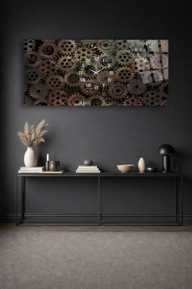 KIRILMAZ CAM DUVAR SAATİ , HEM TABLO HEM SAAT ENDÜSTRİYEL DİŞLİ METAL TASARIM EV OFİS HEDİYESİ