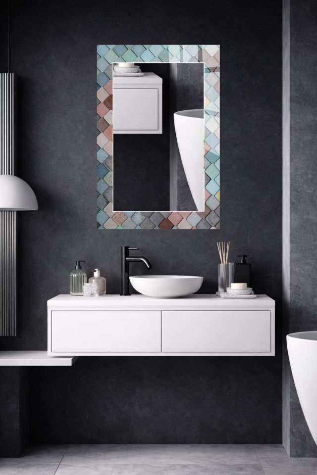 HEM TABLO HEM AYNA PASTEL SERAMİK KARO DESEN CAM DUVAR AYNASI EV DEKORU