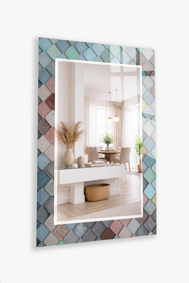 HEM TABLO HEM AYNA PASTEL SERAMİK KARO DESEN CAM DUVAR AYNASI EV DEKORU