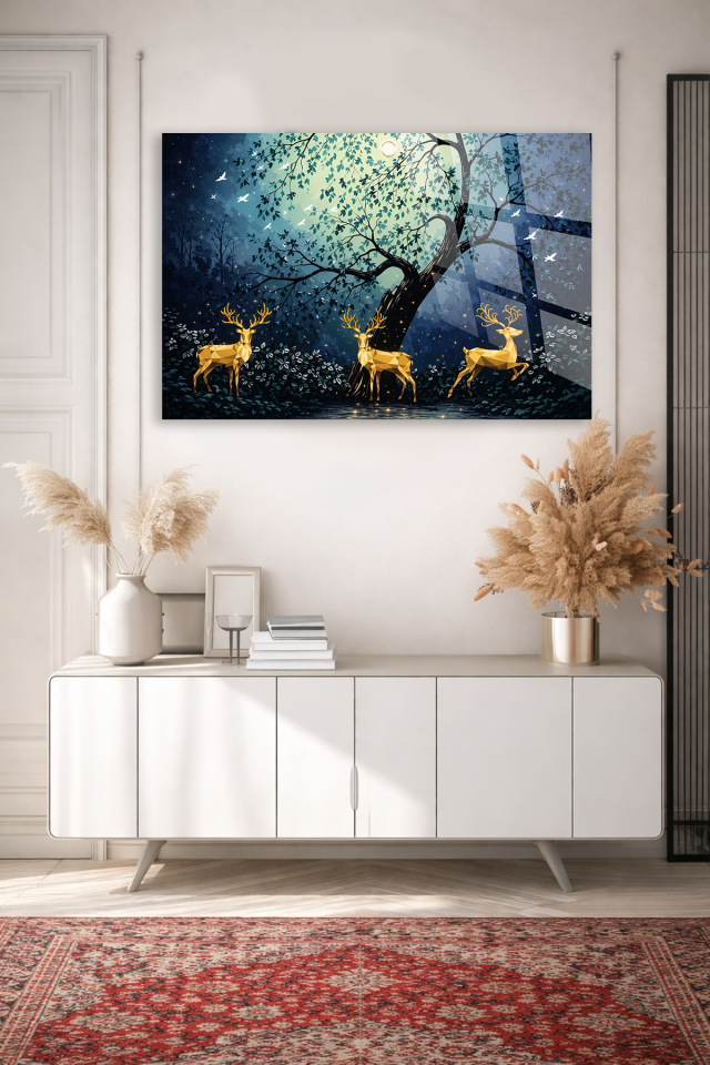 GERÇEK KIRILMAZ CAM TABLO GECE ORMANI ALTIN GEYİKLER SANATSAL DUVAR DEKORU EV OFİS HEDİYESİ