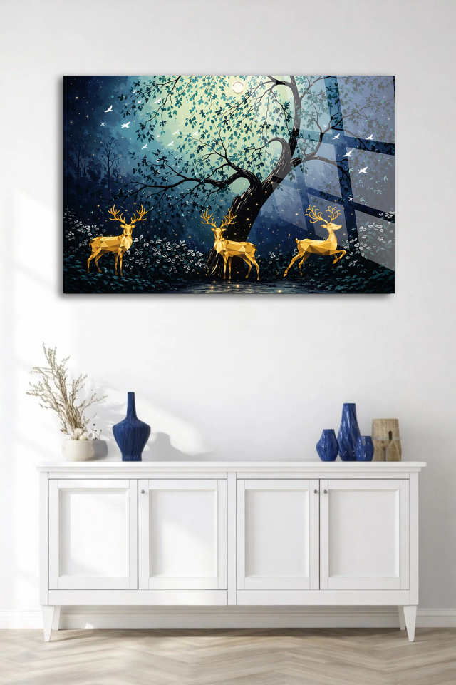 GERÇEK KIRILMAZ CAM TABLO GECE ORMANI ALTIN GEYİKLER SANATSAL DUVAR DEKORU EV OFİS HEDİYESİ