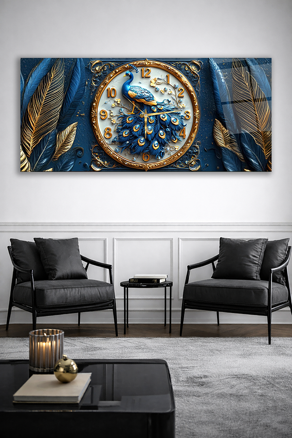 KIRILMAZ CAM DUVAR SAATİ , HEM TABLO HEM SAAT TAVUS KUŞU MAVİ ALTIN CAM SAAT EV OFİS HEDİYESİ