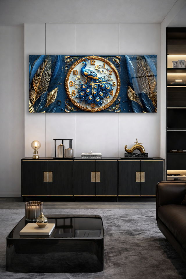 KIRILMAZ CAM DUVAR SAATİ , HEM TABLO HEM SAAT TAVUS KUŞU MAVİ ALTIN CAM SAAT EV OFİS HEDİYESİ