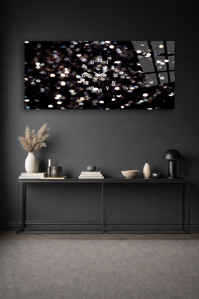 KIRILMAZ CAM DUVAR SAATİ , HEM TABLO HEM SAAT IŞIKLI BOKEH SOYUT DESEN EV OFİS HEDİYESİ