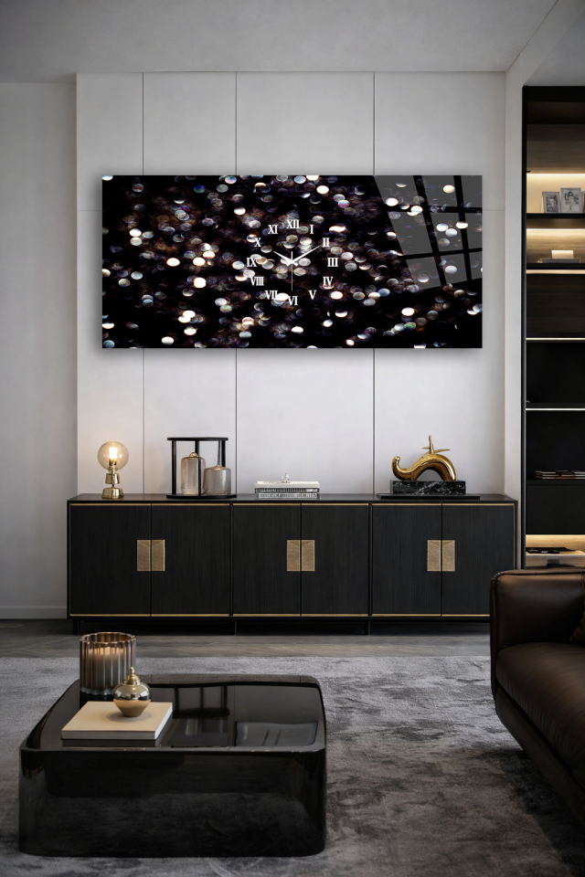 KIRILMAZ CAM DUVAR SAATİ , HEM TABLO HEM SAAT IŞIKLI BOKEH SOYUT DESEN EV OFİS HEDİYESİ