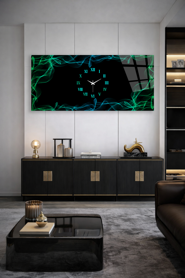 KIRILMAZ CAM DUVAR SAATİ , HEM TABLO HEM SAAT YEŞİL SİS EFEKTLİ MODERN TASARIM EV OFİS HEDİYESİ