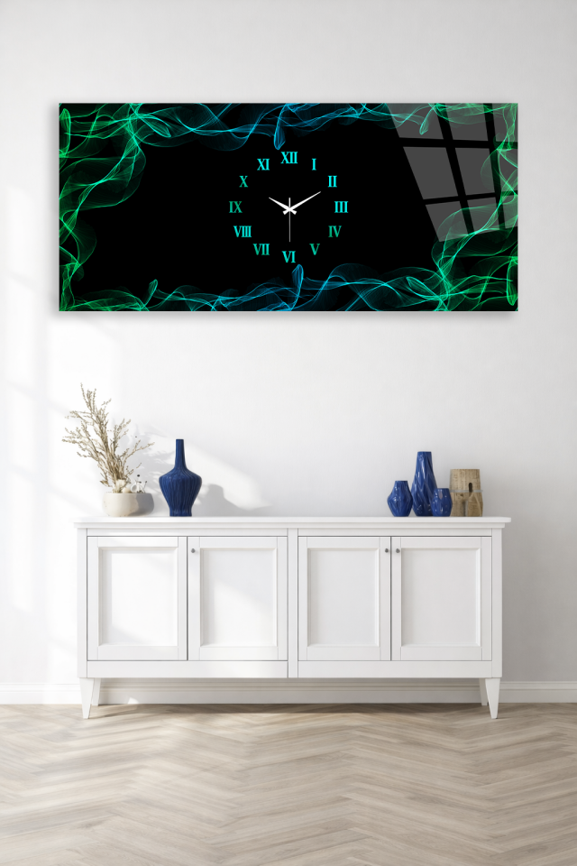 KIRILMAZ CAM DUVAR SAATİ , HEM TABLO HEM SAAT YEŞİL SİS EFEKTLİ MODERN TASARIM EV OFİS HEDİYESİ