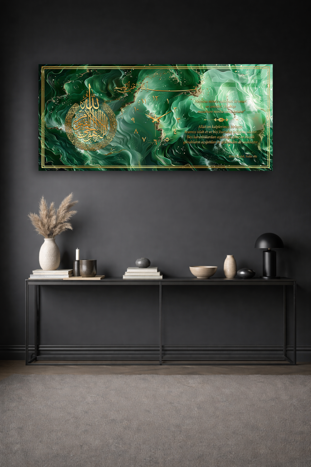 KIRILMAZ CAM DUVAR SAATİ , HEM TABLO HEM SAAT YEŞİL MERMER HAT SANATI DESEN EV OFİS HEDİYESİ