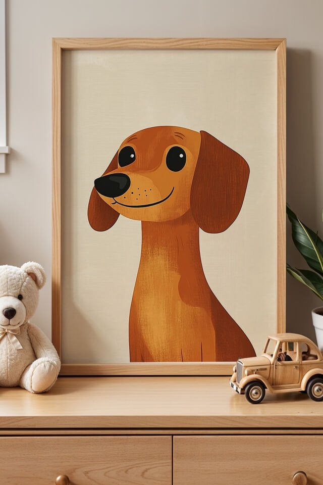 DOĞAL AHŞAP - Kahverengi Şirin Köpek Çocuk Odası Ahşap Çerçeveli Duvar Tablosu