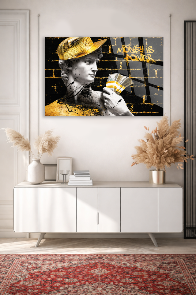 GERÇEK KIRILMAZ CAM TABLO MONEY IS POWER DAVID HEYKELİ MODERN DUVAR DEKORU EV OFİS HEDİYESİ