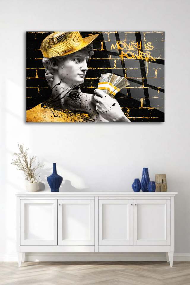 GERÇEK KIRILMAZ CAM TABLO MONEY IS POWER DAVID HEYKELİ MODERN DUVAR DEKORU EV OFİS HEDİYESİ