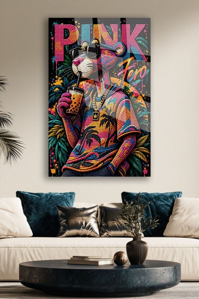 PEMBE PANTER POP ART ELMAS MOZAİK CAM TABLO EV HEDİYESİ