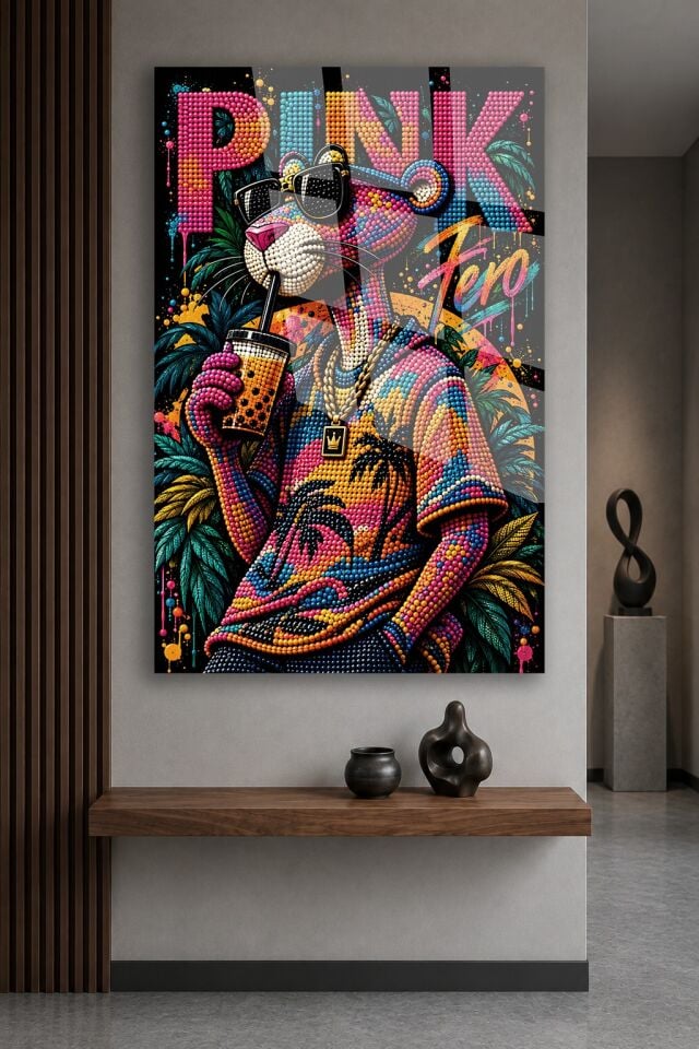 PEMBE PANTER POP ART ELMAS MOZAİK CAM TABLO EV HEDİYESİ