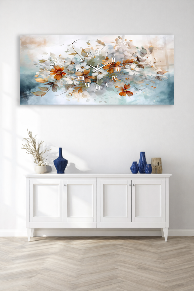 KIRILMAZ CAM DUVAR SAATİ , HEM TABLO HEM SAAT SULUBOYA ÇİÇEK DESENLİ EV OFİS HEDİYESİ