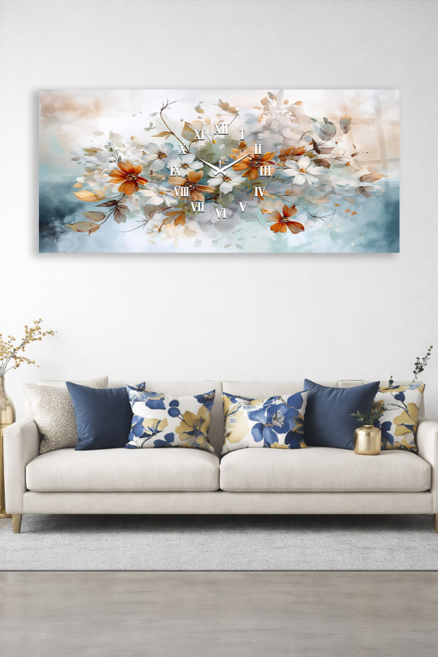 KIRILMAZ CAM DUVAR SAATİ , HEM TABLO HEM SAAT SULUBOYA ÇİÇEK DESENLİ EV OFİS HEDİYESİ