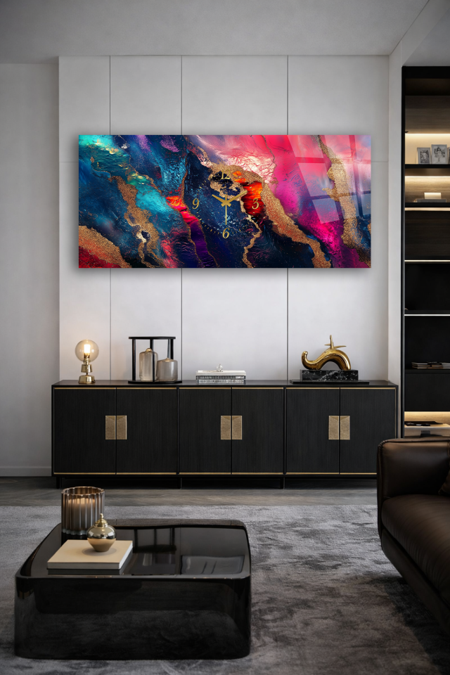 KIRILMAZ CAM DUVAR SAATİ , HEM TABLO HEM SAAT RENKLİ MERMER SOYUT SANAT EV OFİS HEDİYESİ