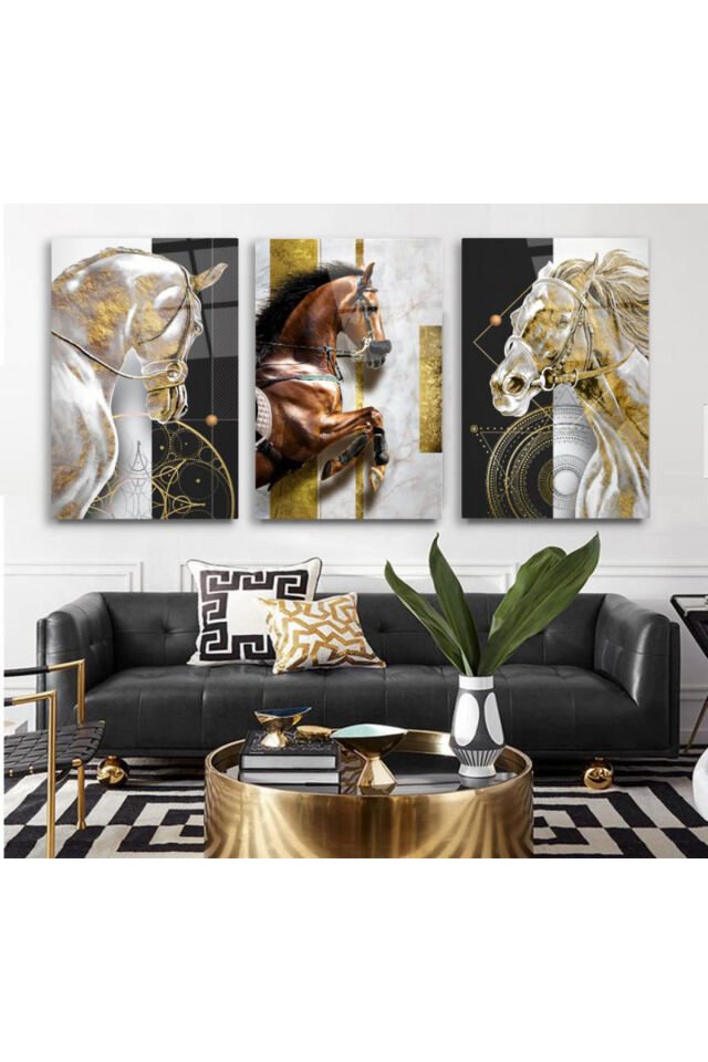 3 LÜ GOLD DETAY ATLAR HARİKA UYUM KIRILMAZ CAM TABLO ULTRA CANLI RENKLİ MODERN EV HEDİYESİ Beyaz