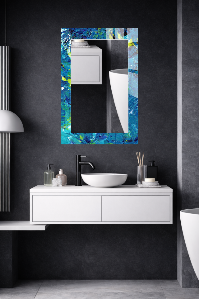 HEM TABLO HEM AYNA MAVİ YEŞİL AKRİLİK FIRÇA DOKU CAM DUVAR AYNASI EV DEKORU